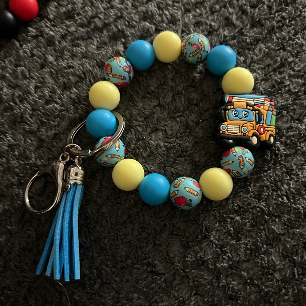 Hand Crafted Yellow and Blue School Bus Beaded Keyring with Tassel
